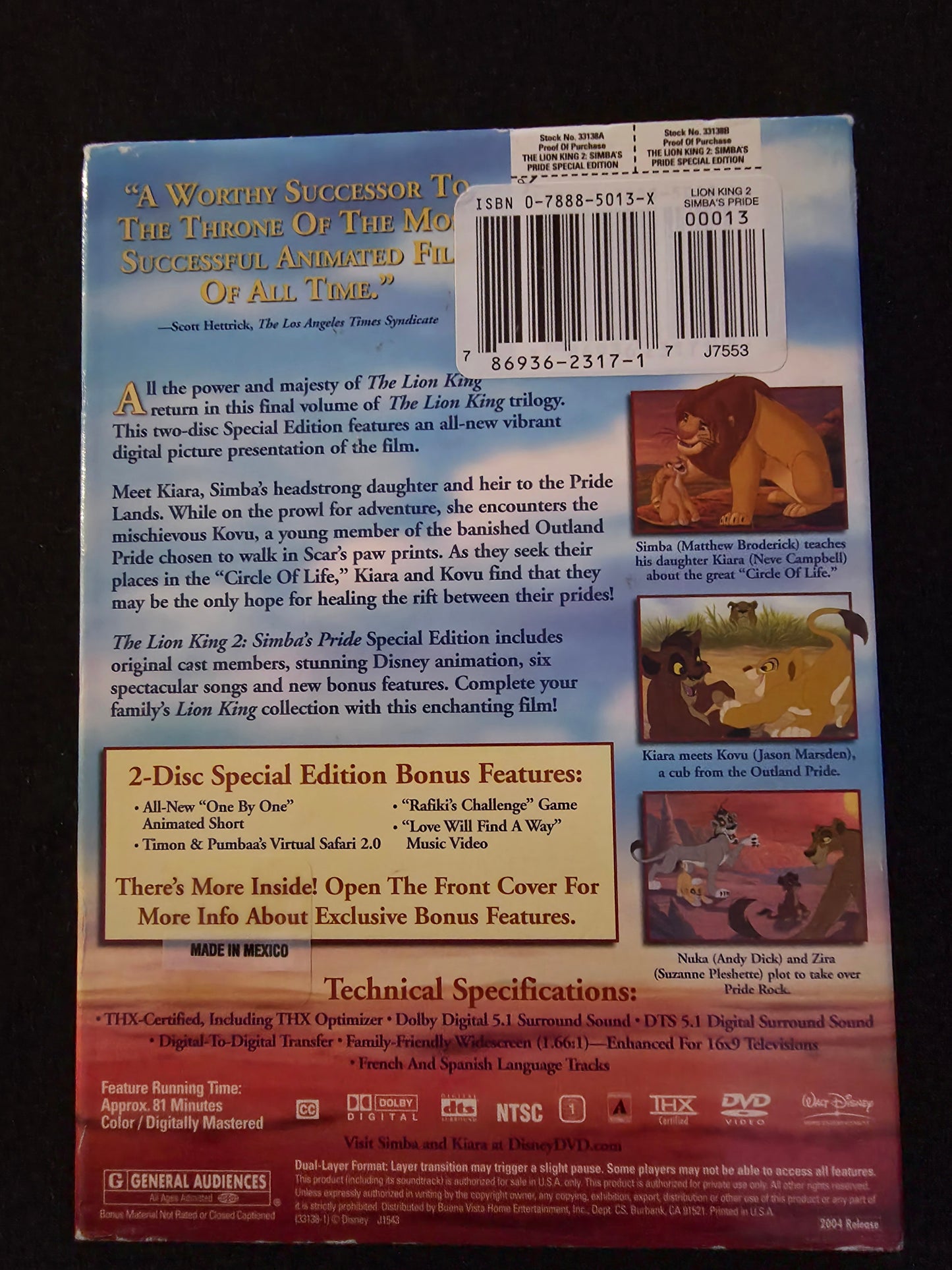 Disney’s The Lion King 2 Simba's Pride (2 Disc Special Edition) DVD. W/Slipcover