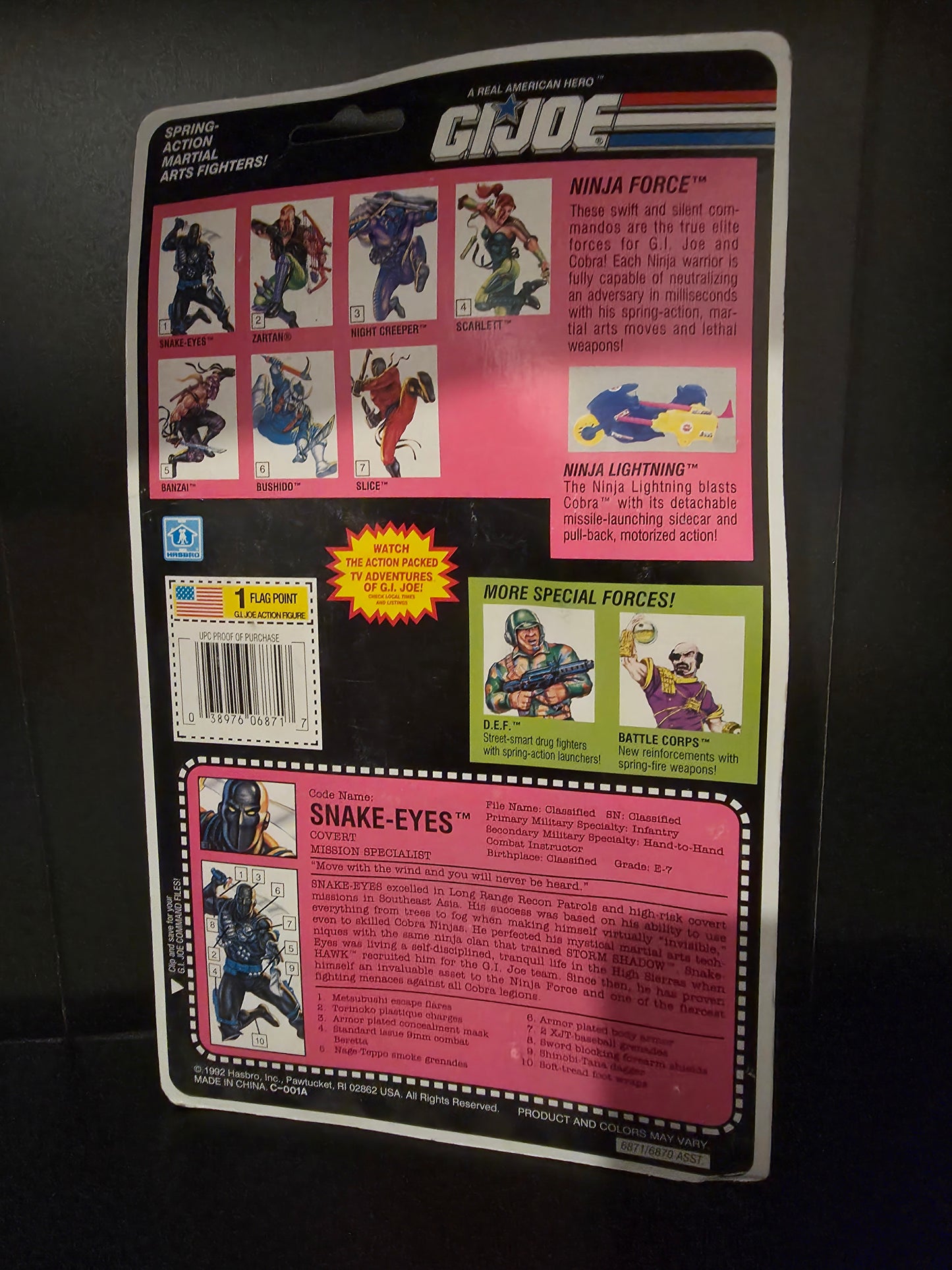 NINJA FORCE SNAKE EYES V 5 — 1993 GI Joe Unopened Card Vintage O-Ring 1:18 Scale