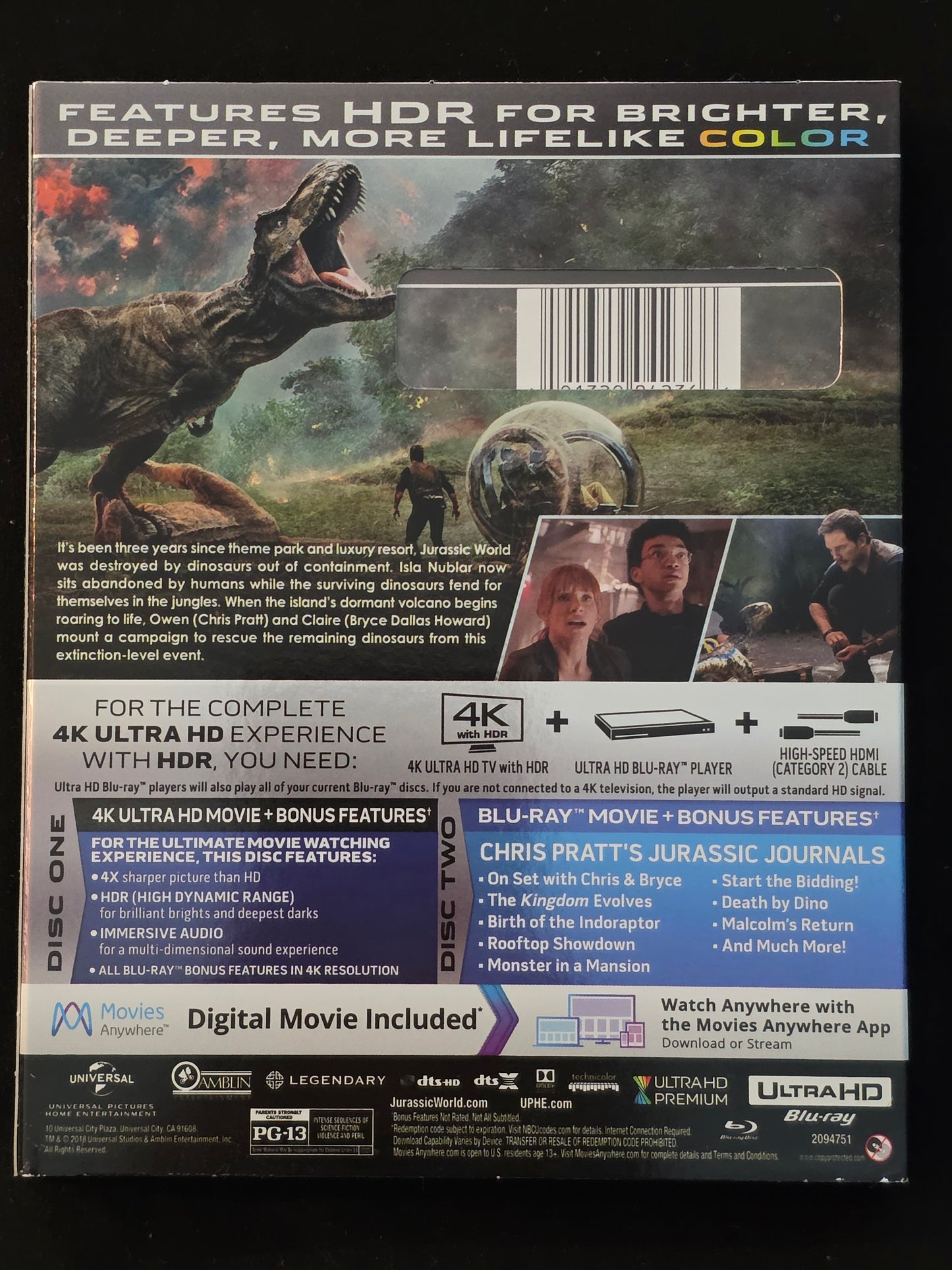 Jurassic World Fallen Kingdom 4K Ultra HD Blu-ray Combo Pack Chris Pratt 2366