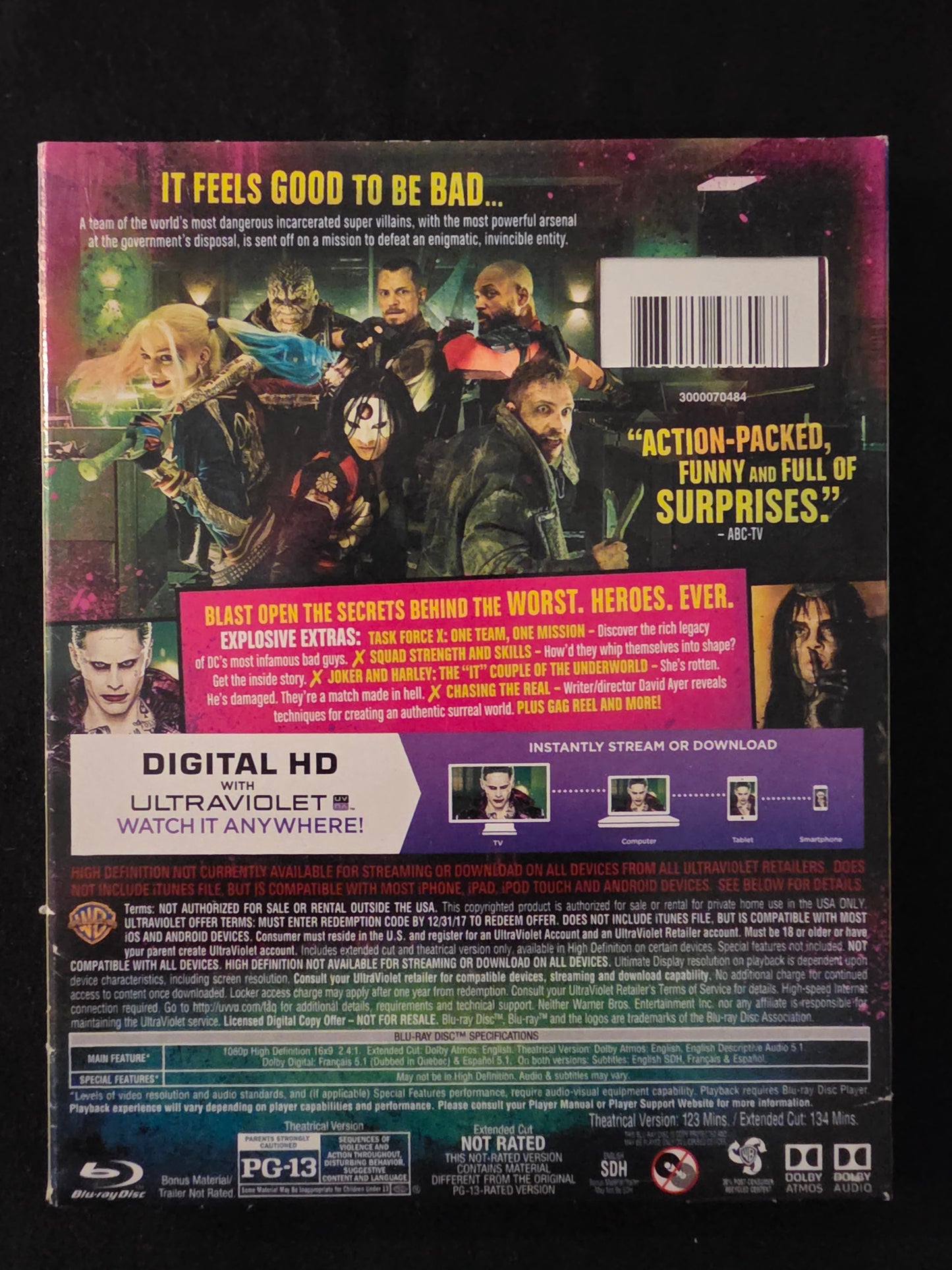Suicide Squad (Extended Cut) (Blu-ray + DVD, 2016) w/slipcover