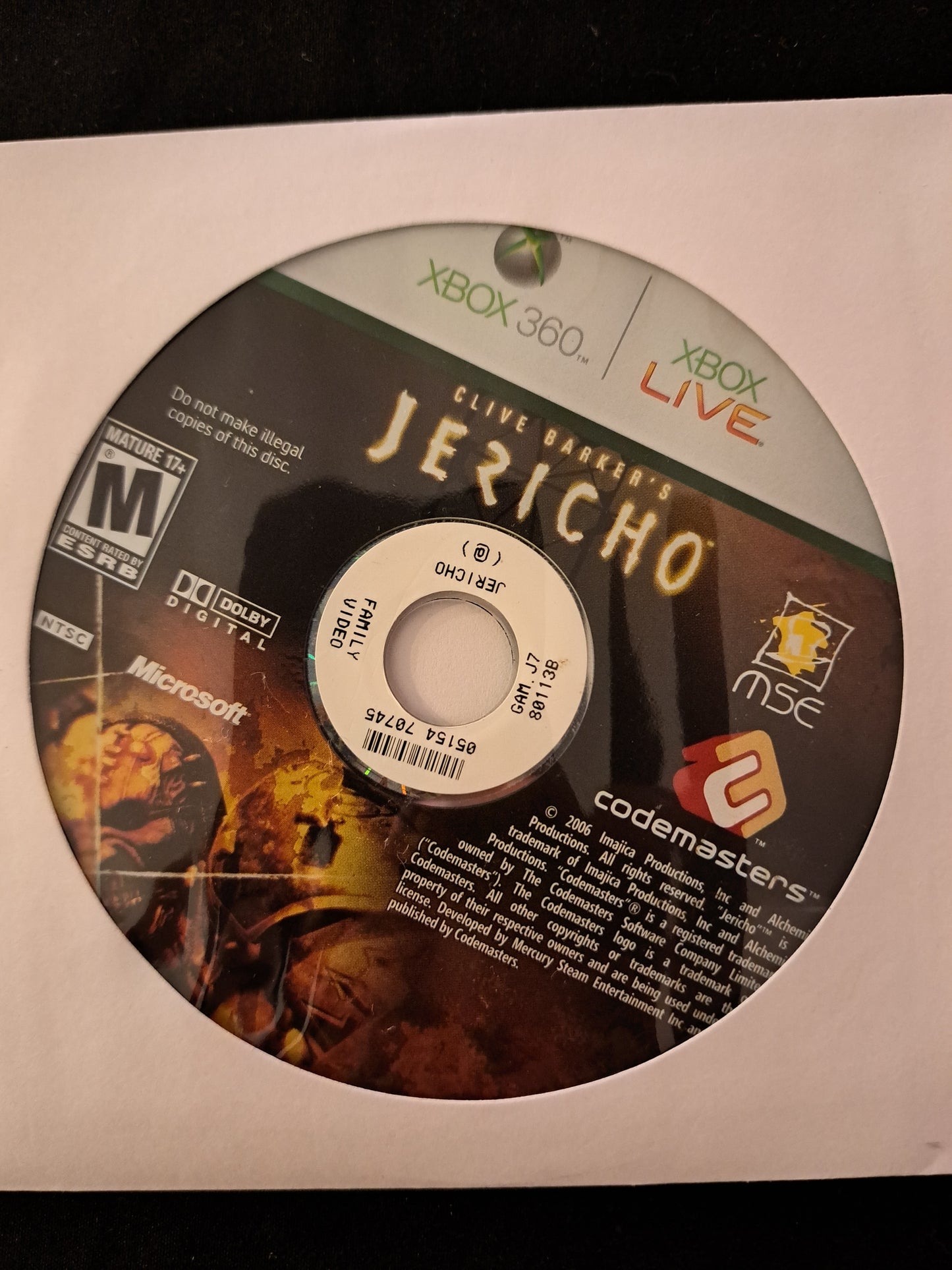 Clive Barker's Jericho (Microsoft Xbox 360, 2007) Disc Only