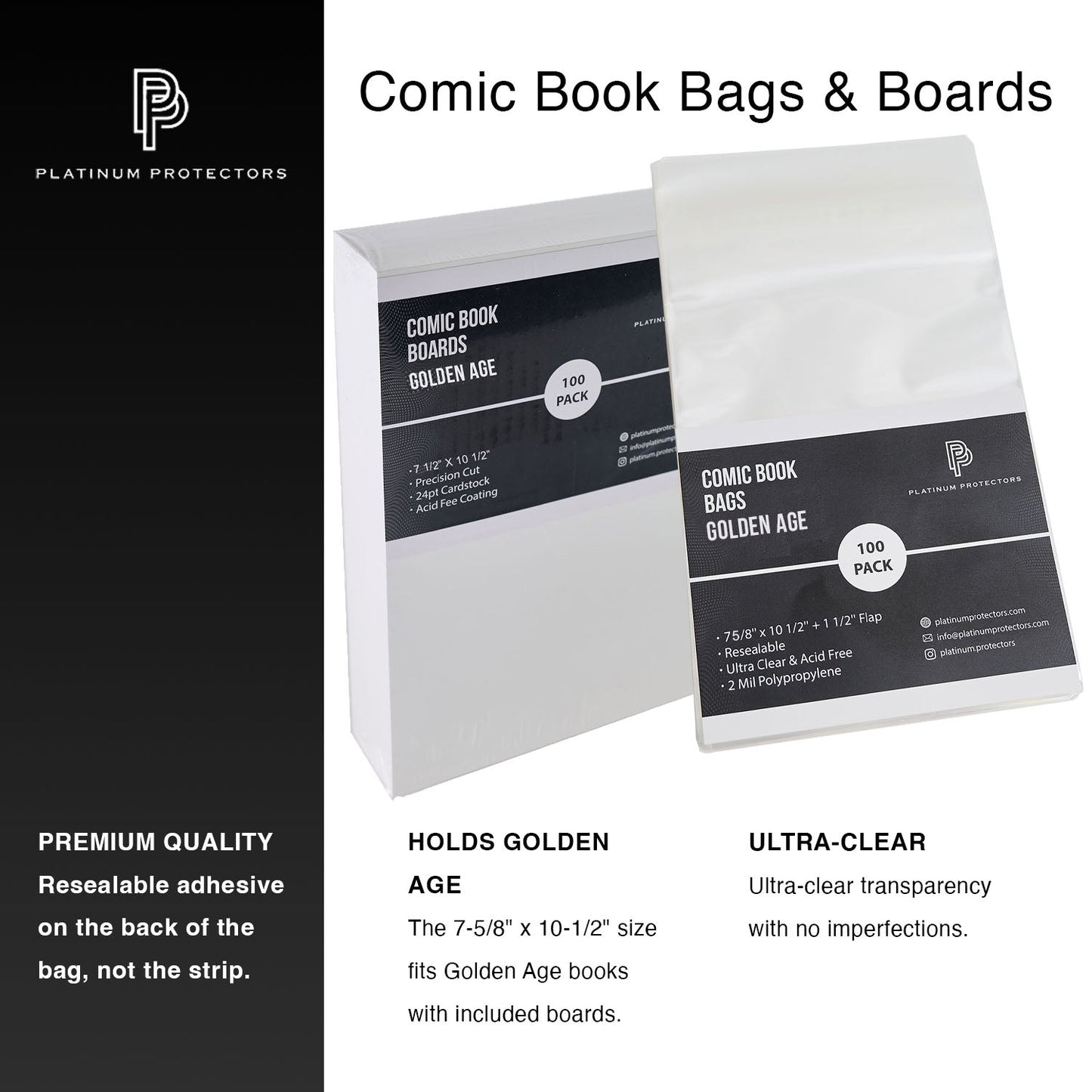 Platinum Protectors Comic Book Bags & Boards for Golden Age with Resealable Strip - 100 Pack