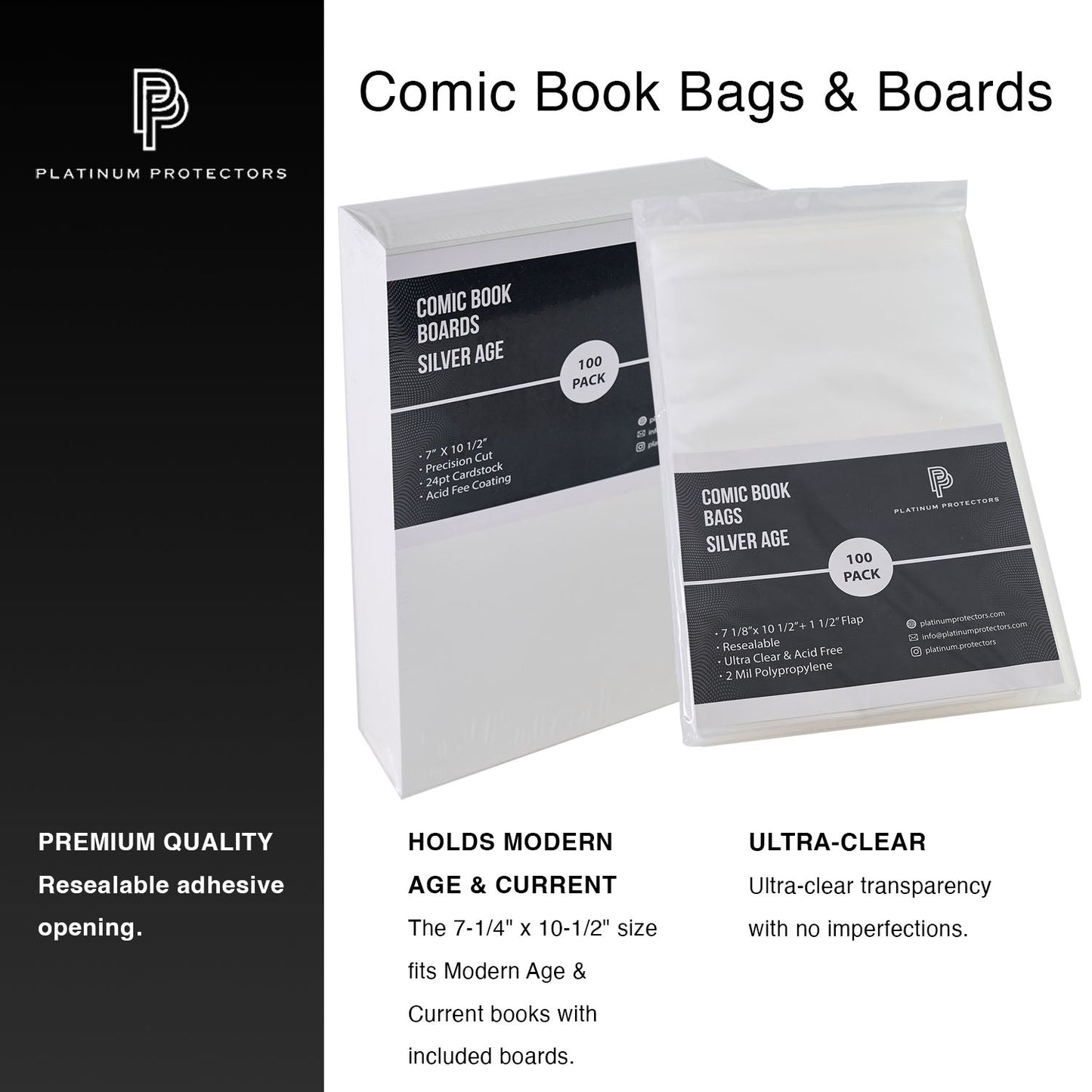 Platinum Protectors Comic Book Bags & Boards for Silver Age with Resealable Strip - 100 Pack