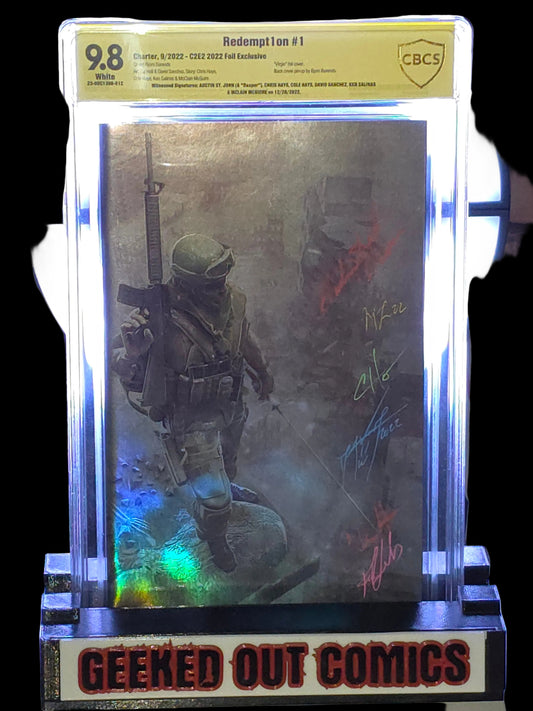 Austin St. John’s Redempt1on #1 Bjorn Barends Foil Virgin Variant Comic CBCS 9.8 signed by Austin St John (Red Ranger), Chris Hays,Cole Hays,David Sanchez, Ken Salinas,Mclain McGuire. 12/28/22