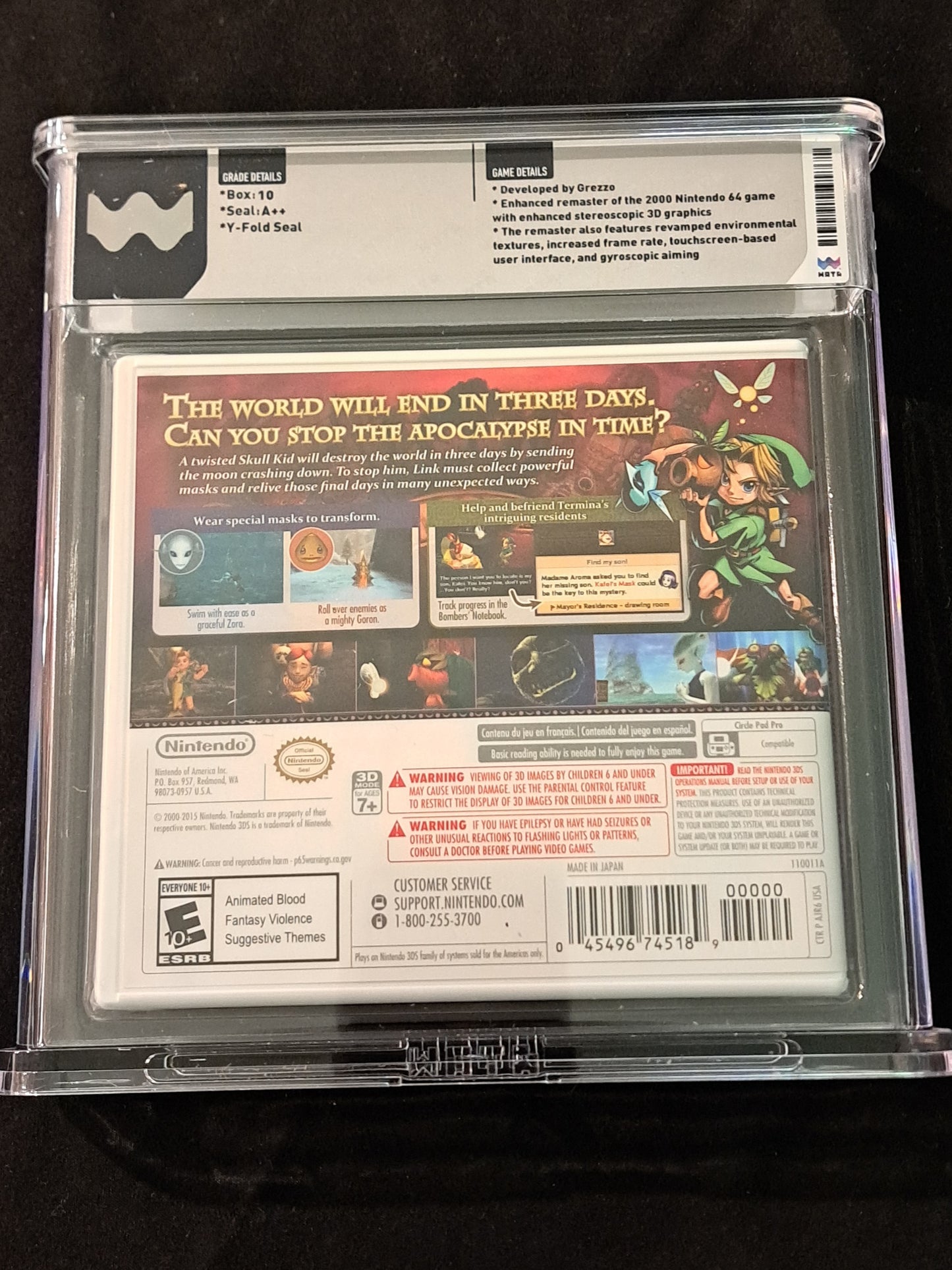 Nintendo 3DS Zelda Majora’s Mask 3D NS 1st Print Sealed WATA Graded Perfect 10 A++
