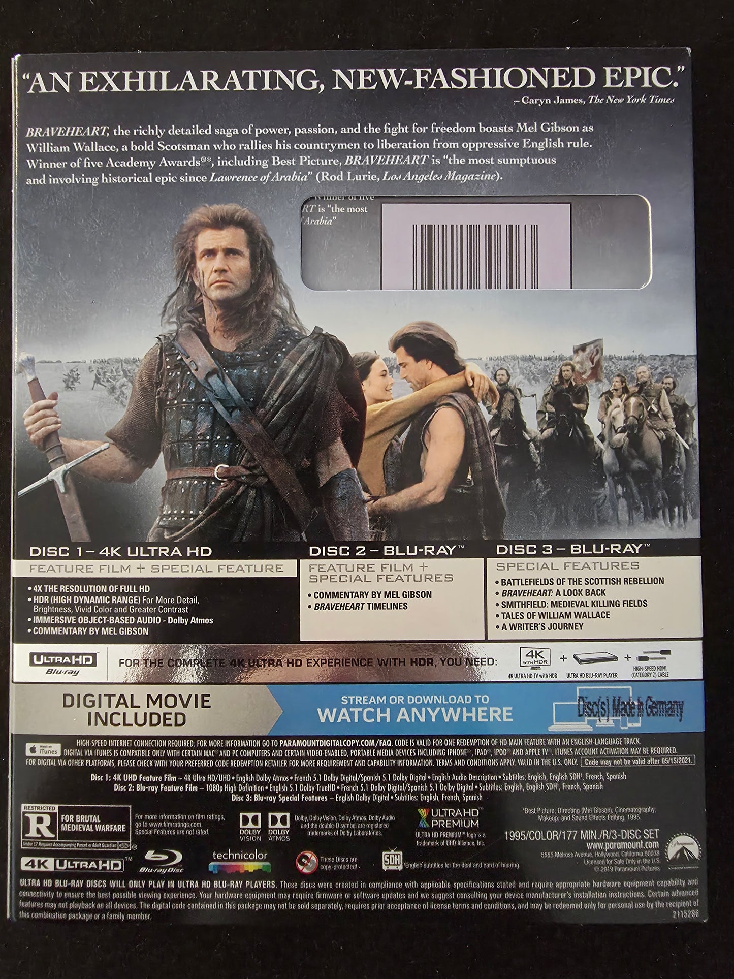 Braveheart 4K UHD Blu-ray with Slipcover Mel Gibson 2018