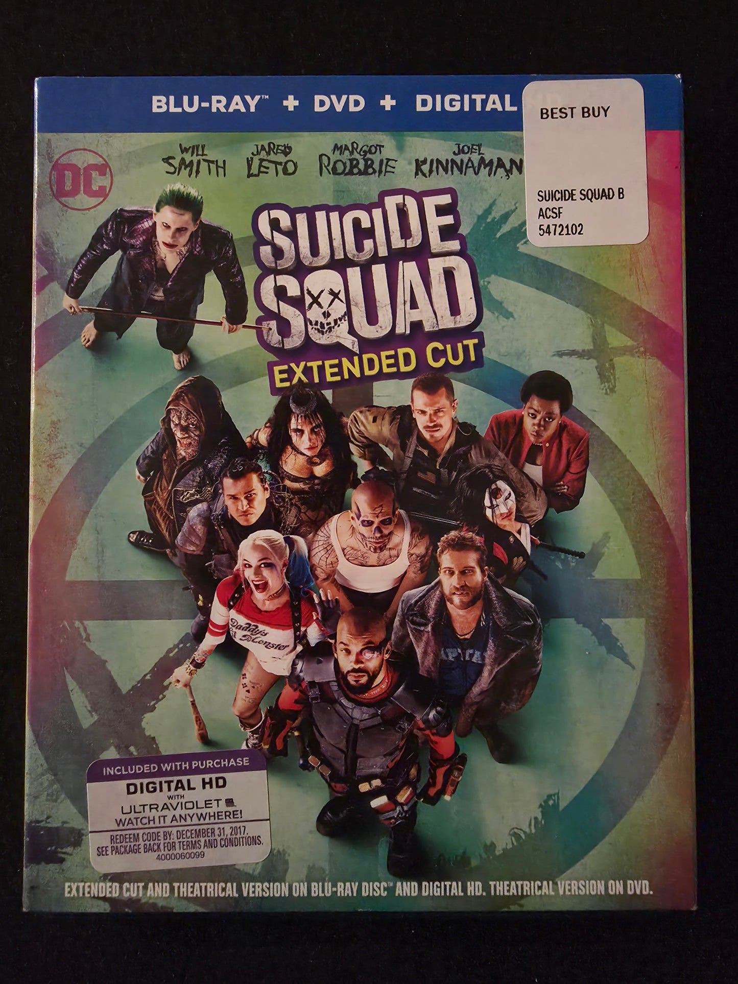Suicide Squad (Extended Cut) (Blu-ray + DVD, 2016) w/slipcover