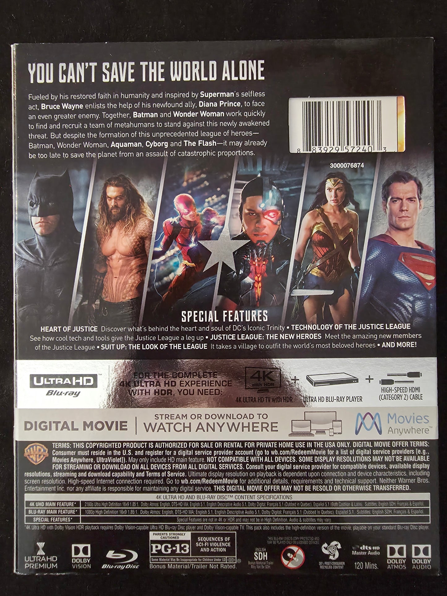 Justice League (4K Ultra HD Blu-ray/Blu-ray, Digital HD, 2018) w/slipcover