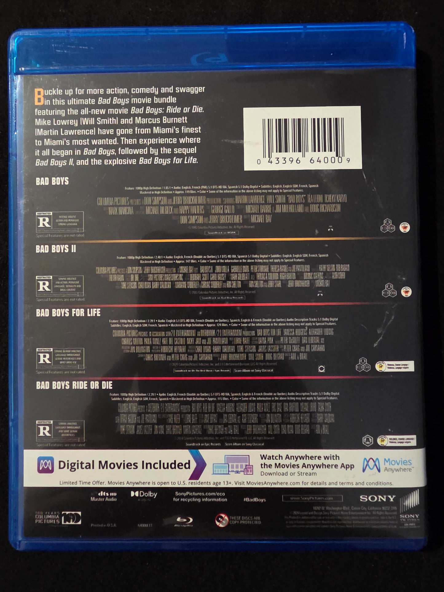 BAD BOYS 4 MOVIE COLLECTION BLU-RAY (NO DIGITAL) MARTIN LAWRENCE & WILL SMITH