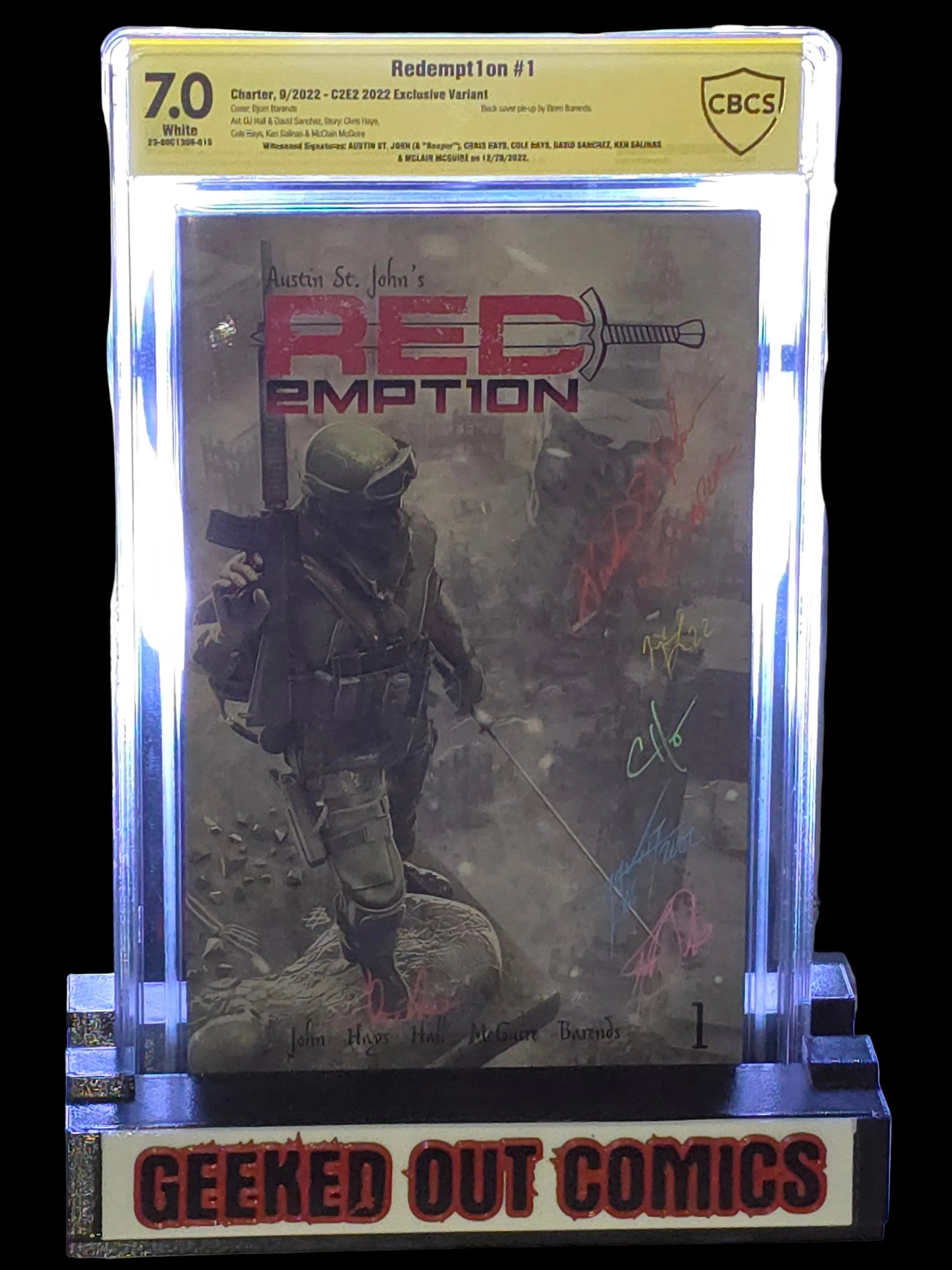 Austin St. John’s Redempt1on #1 Bjorn Barends Trade Cover Comic CBCS 7.0 signed by Austin St John (Red Ranger), Chris Hays,Cole Hays,David Sanchez, Ken Salinas,Mclain McGuire. 12/28/22