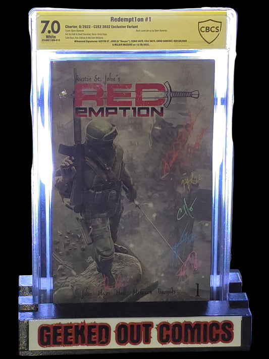 Austin St. John’s Redempt1on #1 Bjorn Barends Trade Cover Comic CBCS 7.0 signed by Austin St John (Red Ranger), Chris Hays,Cole Hays,David Sanchez, Ken Salinas,Mclain McGuire. 12/28/22